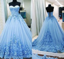 D Floral Blue Gorgeous Applique Robes Prom Sweettt Colding Lace Sweep Train CORSET Back Guraduation Party Ball Ball Made Custom