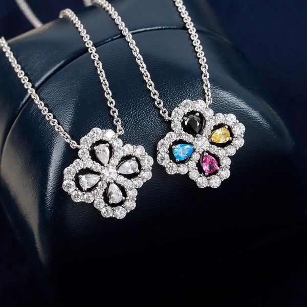 D bijoux de luxe colliers pendentifs diamant boucle fleur 925 argent sterling rhodié concepteur mince chaîne femmes mode origi285q