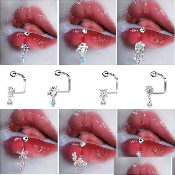 D-vormige roestvrijstalen roze hanger lip ring stud zoete cool dames oor bot nagel piercing sieraden drop levering Dhrfy