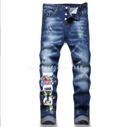 Jeans rojos de segundo cuadrado New 2024 Spring Men's Jeans rasgados parche raspado apretado pantalones de hombres en medio rise