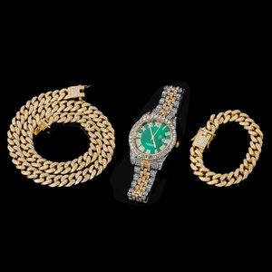 DZ 3 pièces/lot chaîne à maillons cubains + montre + bracelet Hip Hop or glacé pavé de strass CZ Bling rappeur pour hommes bijoux X0509