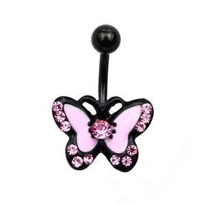 YYJFF D0903 Anillo de ombligo de mariposa multicolor con piedras rosas de cuerpo negro 14Ga 10mm joyería para Piercing corporal