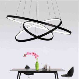 D100cm Zwart/Wit moderne hanglampen voor woonkamer eetkamer 4/3/2/1 cirkelringen acryl aluminium body led hanger lamp H220415