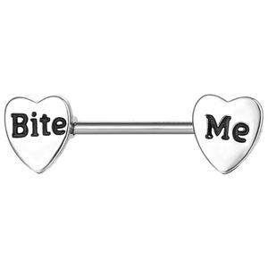 YYJFF D1036 Bite Me Heart Nipple Ring Prata 14Ga 16mm Comprimento Material de cobre