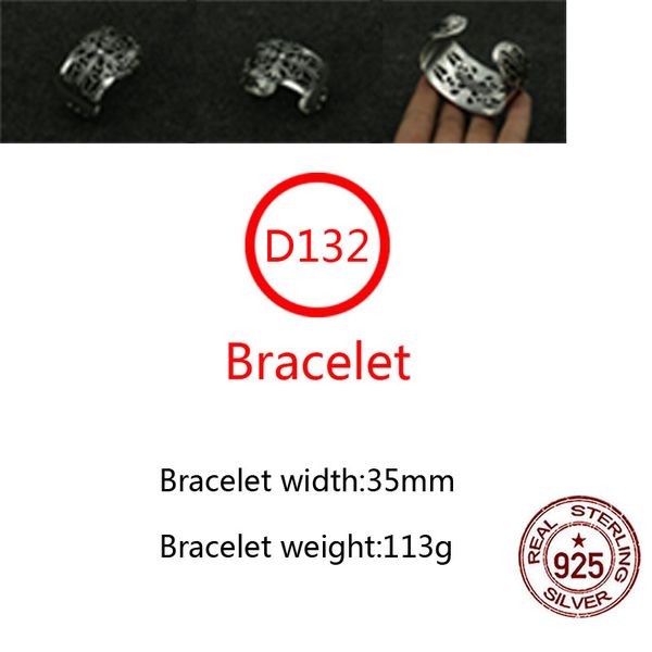 D132 S925 Bracelet en cuir de vachette en argent sterling Hip Hop Street Fashion Couple Bijoux Personnalisé Style Punk Solide Croix Fleur Lettre Large Version Amant Cadeau Bracelet