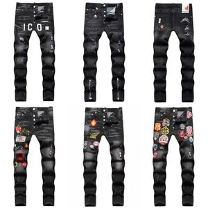 D2 Designer For Mens Dsquare DSQ2 Pantalon branché hip-hop déchiré noir imprimé à mi-hauteur Petit pantalon en denim droit des concepteurs de jeans