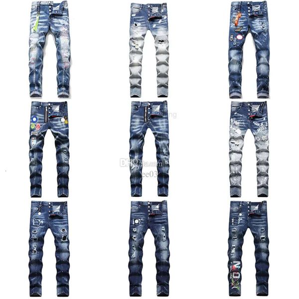 D2 Men Badge Rips Stretch jeans morados Moda para hombre Slim Fit Pantalones de mezclilla lavados para motocicleta Pantalones con paneles Hip HOP jeans for men jeanswests