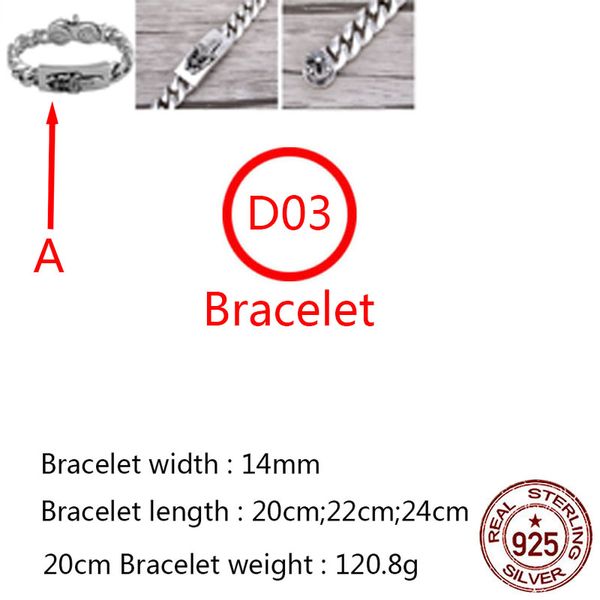 D3 S925 Bracelet En Argent Sterling Tendance Lisse Croix Fleur Épée Sacrée Lettre Personnalisé Punk Hip Hop Bijoux Style Cadeau pour Les Amoureux