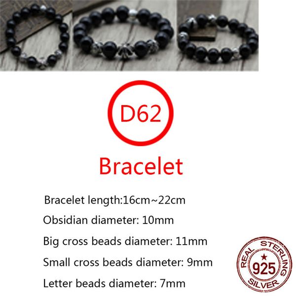 D62 S925 bracelet en argent sterling naturel obsidienne mode perles rondes main chaîne personnalité rétro perles croix fleur punk hip-hop style cadeau pour les amoureux
