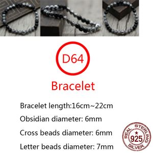 D64 S925 bracelet en argent sterling personnalité mode perles d'obsidienne croix fleur amoureux bijoux punk hip-hop style bijoux cadeau pour les amoureux