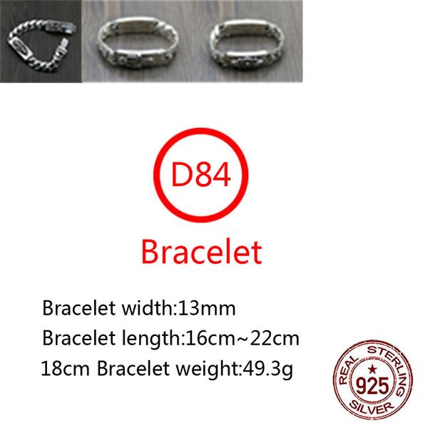 D84 S925 Bracelet en argent sterling lettre de mode de mode personnalisé vintage lisse croix fleur saint épée punk hip hop style amant cadeau