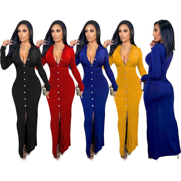 D9804 Amazon Venta caliente de las mujeres europeas y americanas moda sexy Color sólido cárdigan de un solo pecho vestido largo de manga larga