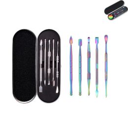 Dabber Tool kit set 5pcs fumer avec boîte en métal et silicone 5ml de stockage Dab Dry Herb Vaporizer Coloré argent arc-en-cire dissolvant