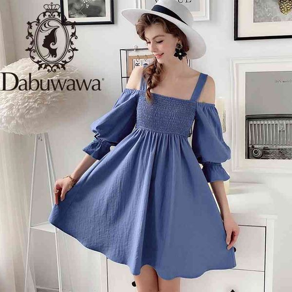 Dabuwawa Blue Sexy Sweet Off Épaule Solide Robe Femmes Lanterne Manches Fit et Flare Robes de soirée courtes Femme DT1CDR009 210520