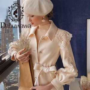 Dabuwawa Elegante cappotto in lana 100% donna manica in pizzo monopetto con fascia dolce cappotto lungo outwear ufficio donna inverno DT1DLN024 210520