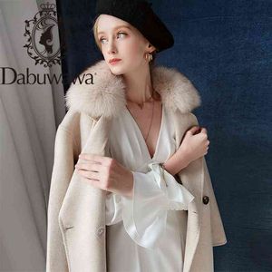 Dabuwawa elegante wol wollen lange jas vrouwen echte kraag herfst winter dikke jas uitloper kantoor dames slash d18dln046 210520