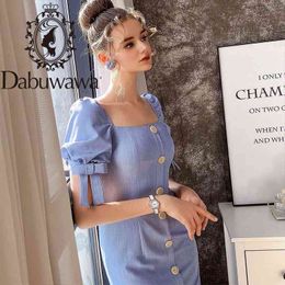 Dabuwawa Exclusieve Vintage Blue Square Neck Summer Dress Dames Bladerdeeg Mouw Single Breasted A-Line Party Jurken Dames Do1bdr040 210520