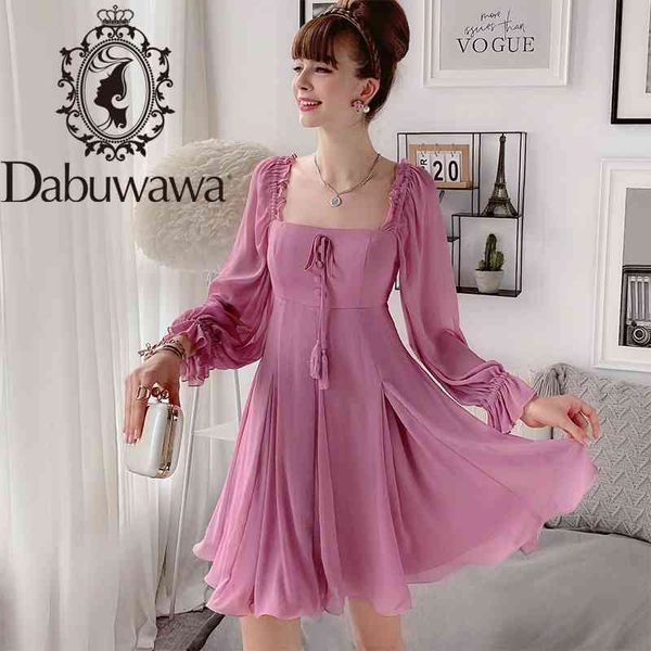 Dabuwawa Pink Sweet Square Neck Solid Bow Dress Mujeres Lantern Sleeve Vintage Fit and Flare Vestidos de fiesta cortos Mujer DT1CDR017 210520