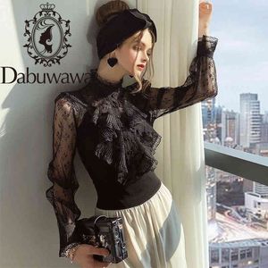 Dabuwawa Sexy Hollow Out Mouw Blouse Vrouwen Stand Kraag Lace Up Ruche Front Chic Tops Shirts Dames Lente Herfst Do1ala002 210520