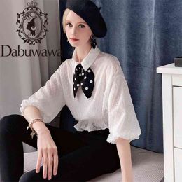 Dabuwawa Sweet Bow Chiffon Twee stukken Blouse Dames Turn-Down Collar Lantern Sleeve Blouses Shirts Tops Office Lady DT1CCF002 210520