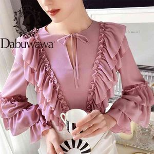 Dabuwawa Doux Rose Arc Cou Chemisier Femmes Manches À Volants Solide Chemises Femme High Street Style Dames Chemises Tops DO1AST006 210520