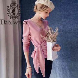 Dabuwawa zoete roze cardigan vrouwen herfst v-hals lange mouw rib-gebreide vaste laag casual bovenkleding vestigans vrouwelijke DT1DJS002 210520