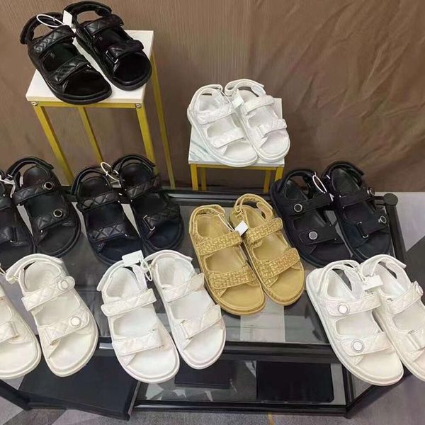 Sandalias de papá Sandalias para mujeres de cuero de ternero real 100% Toboganes de mujer 35-42 con caja y bolsita de polvo Plataforma acolchada de verano Grandad Sandal Beach 001 001