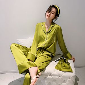 Daeyard Silk Pyjama Sets voor Dames Luxe Lange Mouw Pyjama's Nachtkleding Oversize 2 Stks Button Up Pijama met tassen Sexy HomeEwear 201027