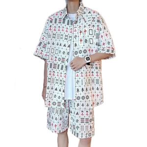 Quotidien hommes ensembles chemise hawaïenne à manches courtes et shorts chinois Mahjong impression chemises décontractées plage deux pièces costume vêtements de mode 240321