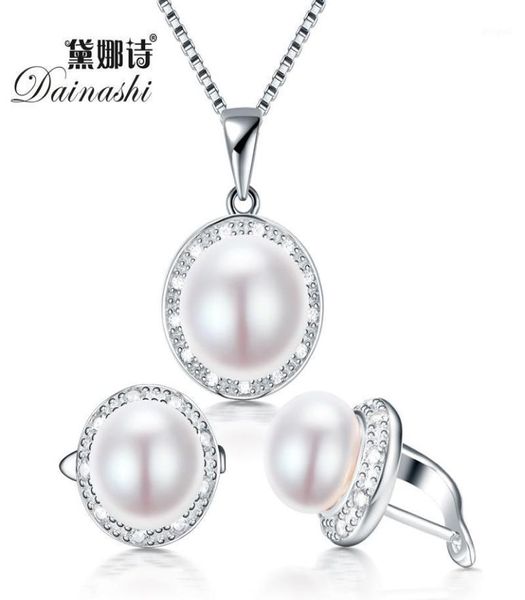 Dainashi véritable ensemble de bijoux en perles d'eau douce avec pendentif coulissant et boucle d'oreille avec collier en argent sterling 925 pour femmes 19359686