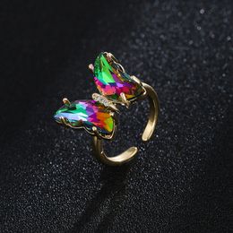 Sierlijke vlinderring voor dames, aanpasbaar, verstelbaar roestvrij staal met kleurrijke CZ-steen Lady Butterfly Animal Jewelry