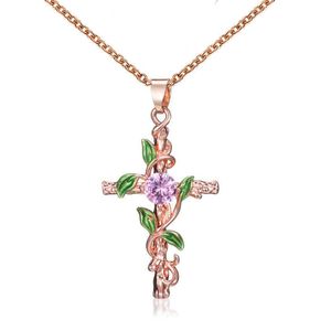sierlijke kleurrijke zirkonia bloem gewikkeld kruis hanger ketting nieuwe creatieve bladeren damesaccessoires rose goud esthetische halsbanden voor dames groothandel