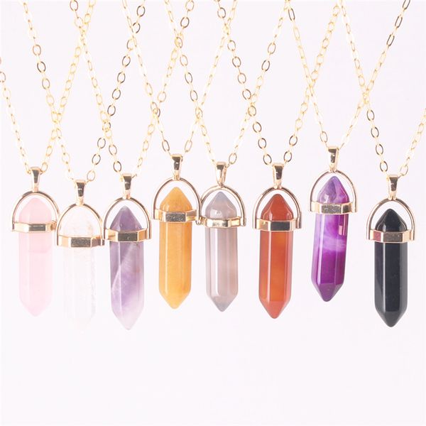 Dainty Gold Filled Bail Crystal Colgante de cuarzo pastel Hexagonal mínimo Carnelian Grey Purple Ágata Negro Onyx Amethyst Boho Collar romántico