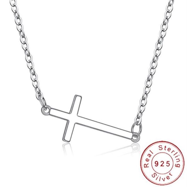 Delicado collar de plata de ley 925 auténtica con cruz horizontal lateral, crucifijo simple, joyería inspirada en celebridades SN011 Choke274m