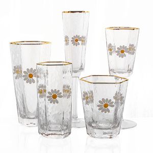 Daisy Hexagonal Glass Tumbler Gold Rim HighBall Verres à whisky Gobelet à vin Marteau japonais Texture Verrerie Tasse pour jus d'eau