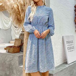 daisy imprimé manches longues hiver robe floral boho automne bleu midi élégant vintage basique noir 210427