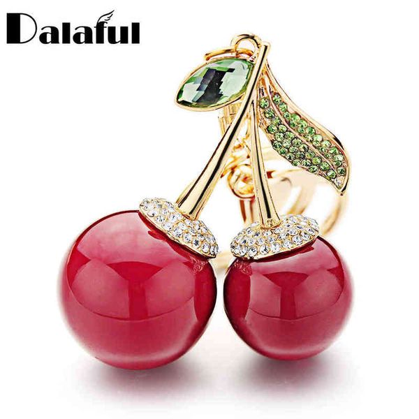 Dalaful llavero de cereza roja llavero cristal Rhinestone bolsa colgante lindo dibujos animados para coche mujeres llavero anillo titular joyería K364 AA220318