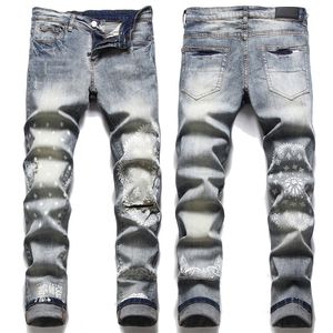 Schade gat print bloem denim jeans voor mannen elastisch katoen