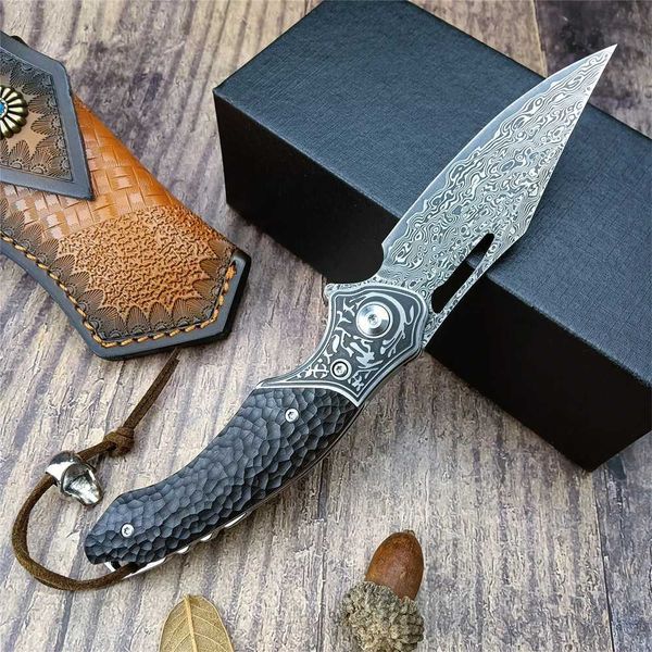 Cuchillo plegable de bolsillo de defensa de Damasco, mango de madera, cuchillos tácticos EDC de alta calidad, herramienta de caza para acampar al aire libre, regalos de colección