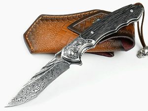 Cuchillo de colección plegable Damascus Flipper VG10, hoja de Damasco tallada con cabeza de acero, mango de ébano, cuchillos de bolsillo tácticos para acampar al aire libre