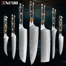 Damas Kitchen Knife Set 1-7pcs Super Sharp Full Tang Chef Couteau Utilitaire Couteau Santoku Couteau stabilisé Bois Ergonomique Handle
