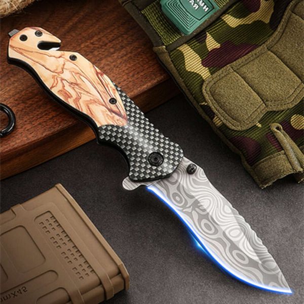 Couteau d'extérieur en acier inoxydable à motifs de Damas, portable, polyvalent, de survie en camping tranchant, couteau pliant de haute dureté 878844