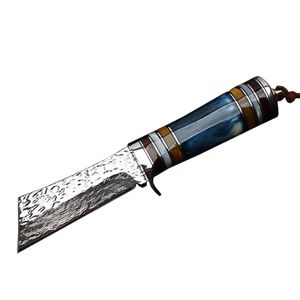 Damascus Steel Survival Rechte mes 60HRC Bone Handvat Outdoor Camping Hunting Vaste Messen H5396