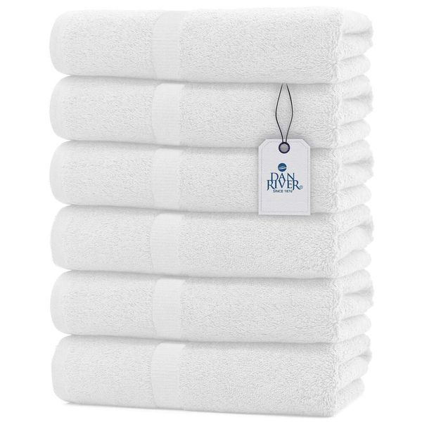 DAN RIVER Lot de 6 serviettes de bain 100 % coton, douces et légères, de taille moyenne, parfaites pour la piscine, la maison, la salle de sport, le spa, l'hôtel et un usage quotidien |Blanc -60,96 X