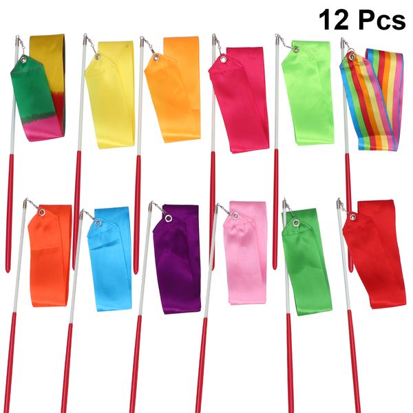 Ruban de Danse 12pcs 2 mètres Ruban de Gymnastique d'Art Rythmique avec Bâton Enfants Danse Banderoles Ruban Tige pour la Gymnastique Drop 230504