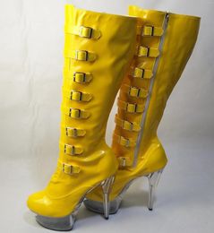 Zapatos de baile de 15cm, tacón alto, hebilla de cinturón, decoración, cremallera, botas de cabeza redonda, modelo Sexy de moda para fiesta y escenario