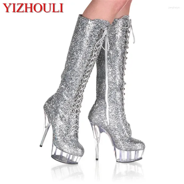 Zapatos de baile para mujer, botas hasta la rodilla de 15cm, moda de 6 pulgadas, motocicleta de invierno con lentejuelas brillantes