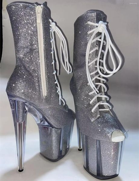 Chaussures de danse 20 cm High talon étanche plate-forme argentée Bottes de cheville 8 pouces sexy européennes et femmes américaines