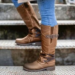 Dansschoenen 2024 Herfst/Winter Collectie Wandelen Vrouwen Knie Hoge Laarzen Riem Gesp Plus Size Ridder Ronde Neus Lace-Up