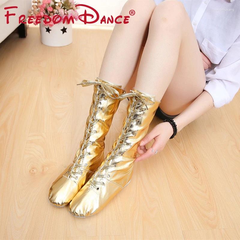 Dans Ayakkabıları 2024 bayanlar için botlar deri altın gümüş renkler kızlar caz spor spor ayakkabıları jackboots yüksek